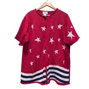 Vintage The Quacker Factory Red White Blue‎ Stars Stripes Cardigan Sweater Large